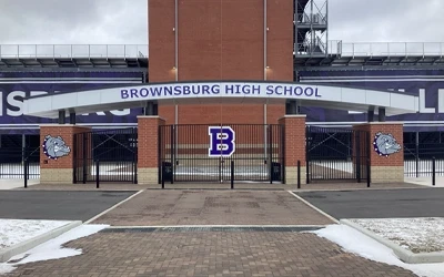 commercial canopy installation indianapolis brownsburg high school stadium entrance awning