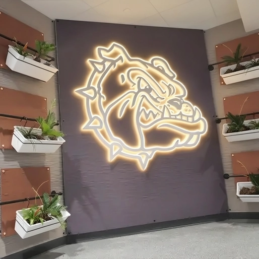 Illuminated bulldog mascot sign installed by Eye 4 Group inside a school lobby in the Indianapolis area