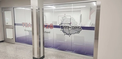 Bulldog mascot window graphics installed by Eye 4 Group at a Brownsburg area school